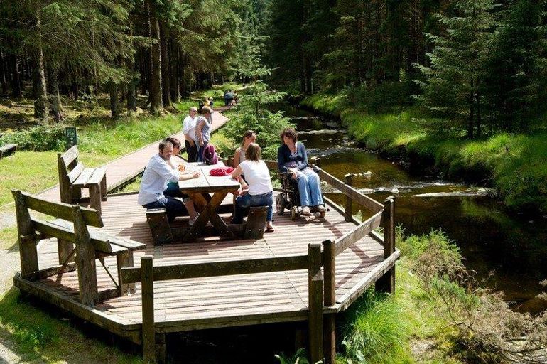 People gathered around a picnic bench next to a river.