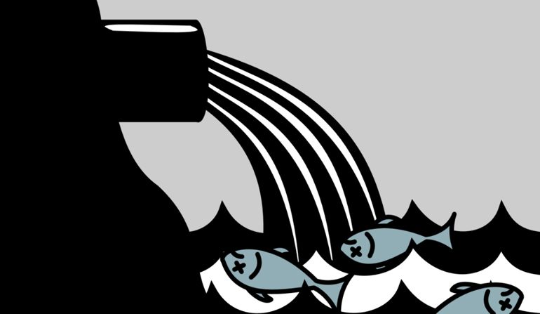 Drawing of a pipe discharging water into the sea pouring onto three fish