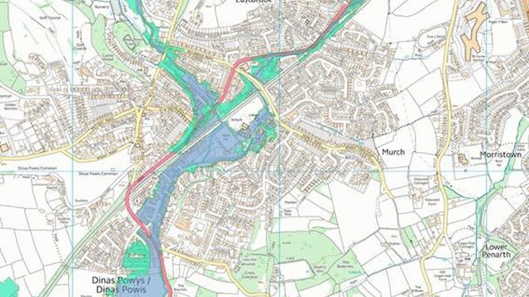 Map showing different coloured flood risk areas around Dinas Powys Map showing different coloured flood risk areas around Dinas Powys