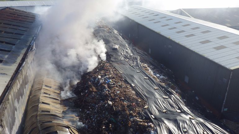 Aerial view of Lancashire Fuels 4 U while on fire