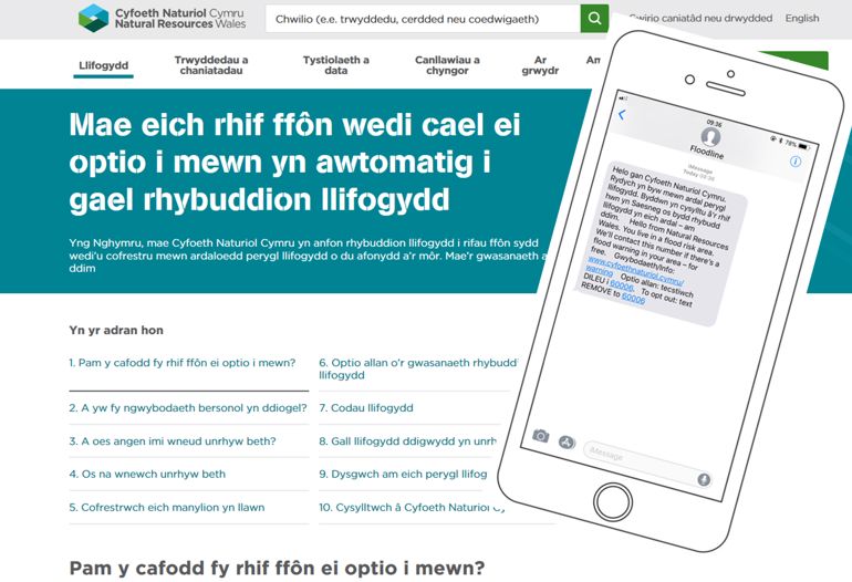 Mae eich rhif ffôn wedi cael ei optio i mewn yn awtomatig i gael rhybuddion llifogydd