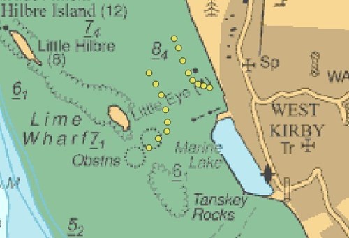 Map yn dangos marciau tymhorol y gaeaf rhwng Ynysoedd Hilbre, blaendraeth West Kirby a Marine Lake West Kirby