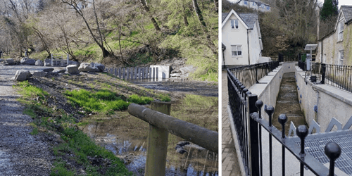 Image showing the improved channel at Llanfair Talhaiarn (left image) and tree catcher (right image)