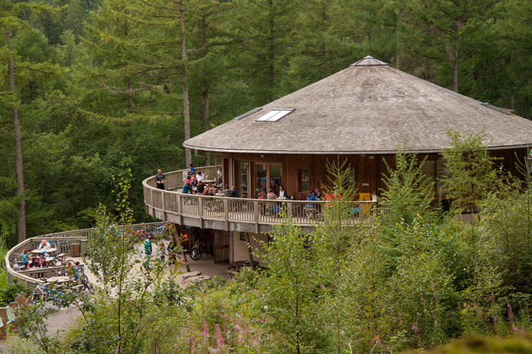 Coed y Brenin visitor centre surrounded by trees