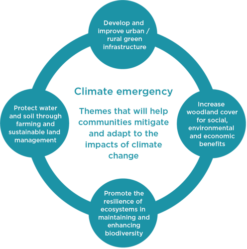 Circular infographic displaying how Climate emergency is central to all of North East Wales' themes