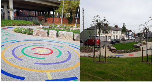 amenity area created as part of Crindau flood risk management scheme, with embedded play markings and boulders providing informal play features.